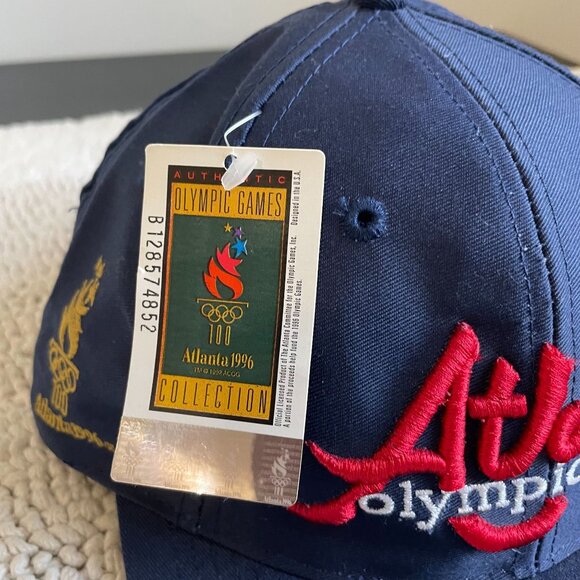 90s Vintage Atlanta Olympics Snapback Hat OSFA Dead Stock Embroidered Navy Blue - Picture 3 of 9